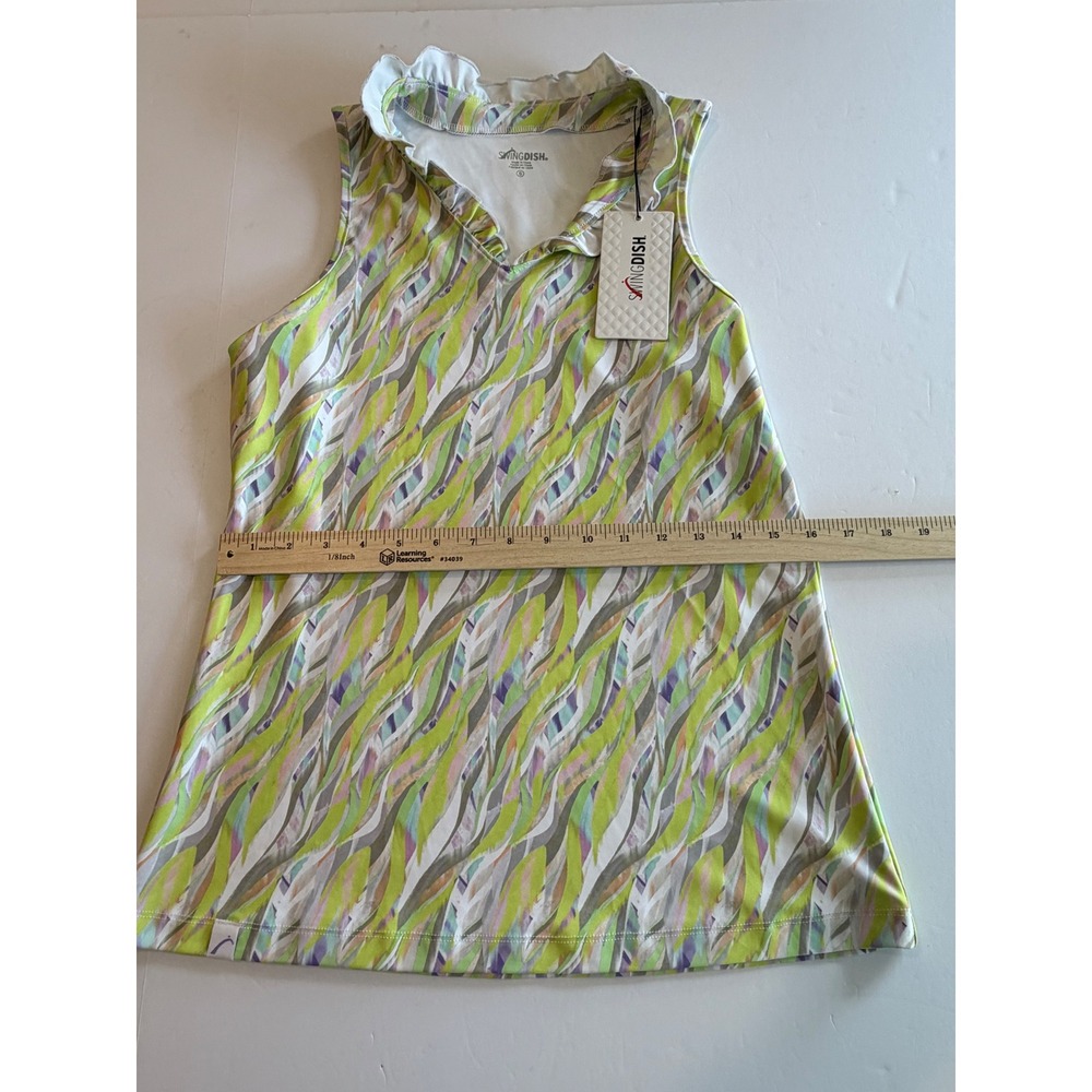 SwingDish Womens Sleeveless Golf Polo Top Ruffle V-Neck Lime Green Abstract S - Picture 6 of 7